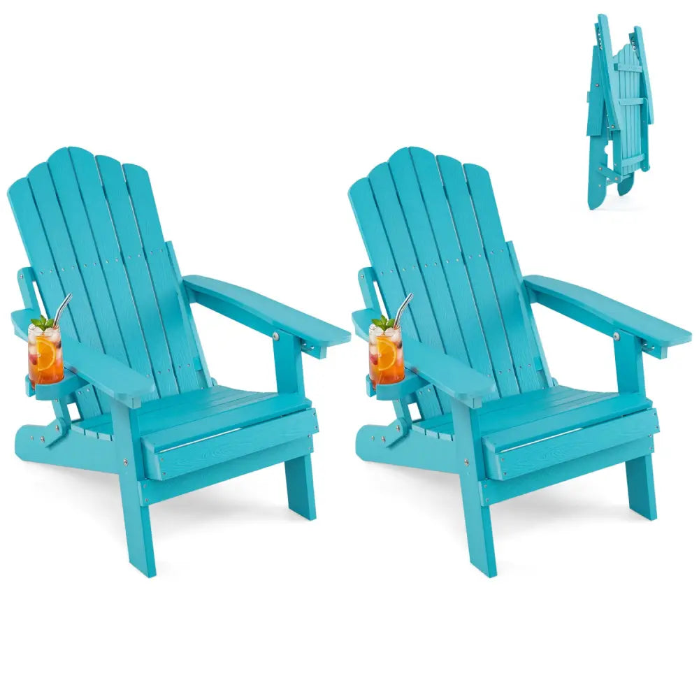 Set of 2 Outdoor Folding Adirondack Chair with Cup Holder and 5-Level Backrest-Turquoise - Turquoise - Adirondack Chairs