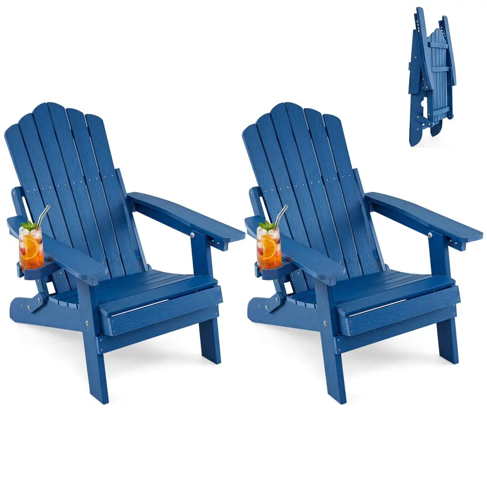Set of 2 Outdoor Folding Adirondack Chair with Cup Holder and 5-Level Backrest-Navy - Navy - Adirondack Chairs
