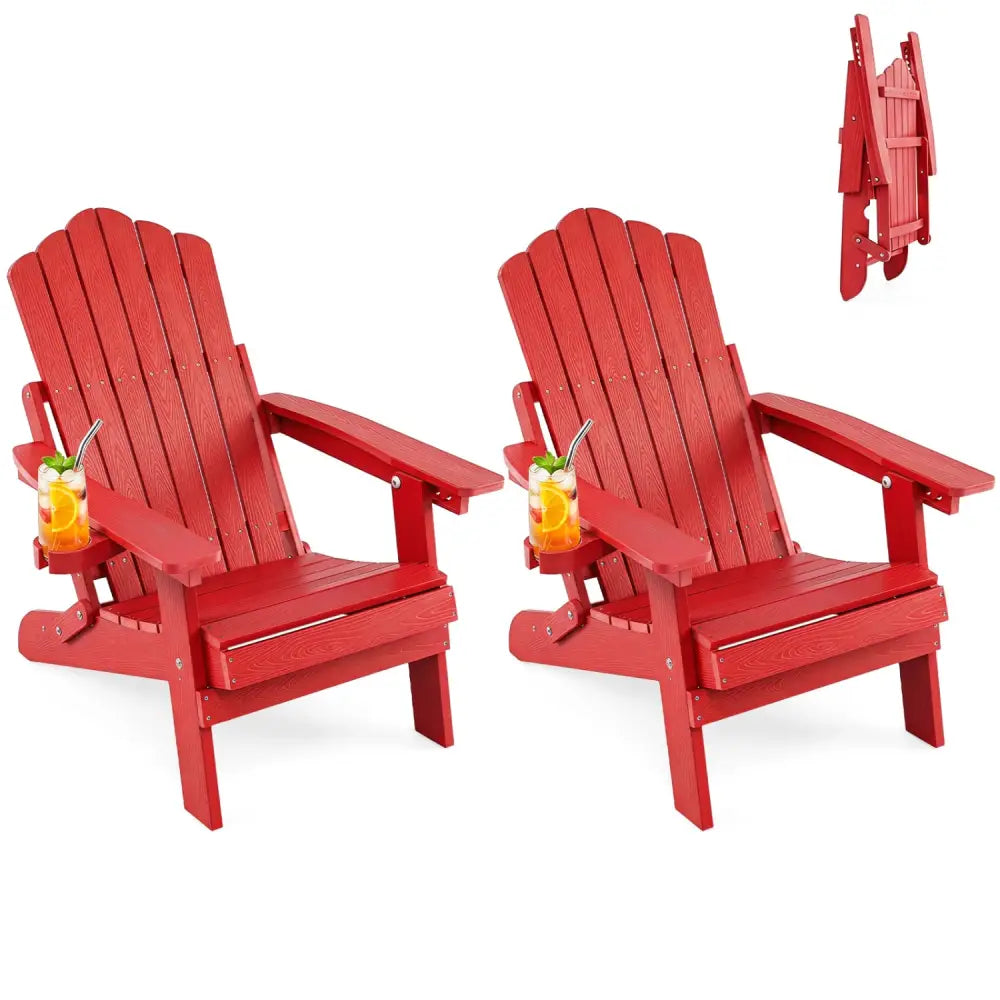 Set of 2 Outdoor Folding Adirondack Chair with Cup Holder and 5-Level Backrest-Red - Red - Adirondack Chairs