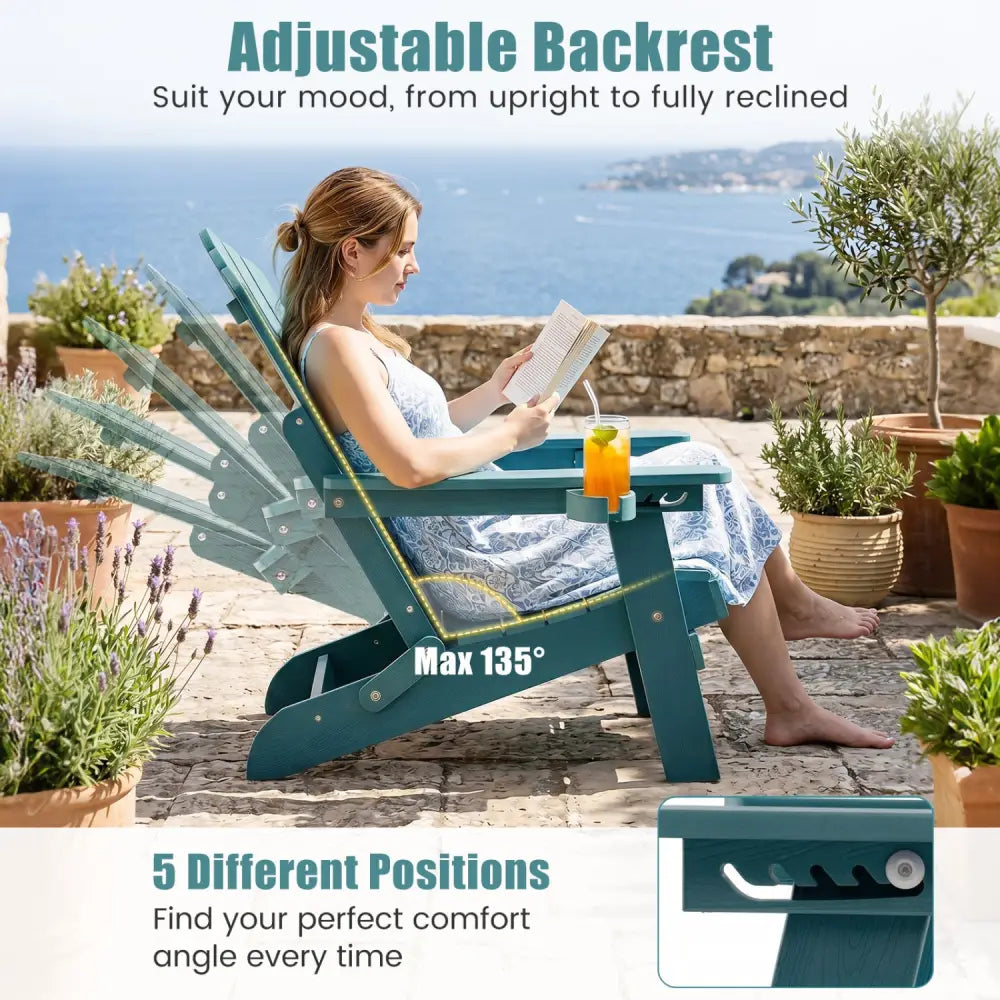 Set of 2 Outdoor Folding Adirondack Chair with Cup Holder and 5-Level Backrest-Green - Green - Adirondack Chairs