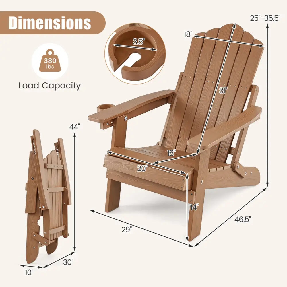 Set of 2 Outdoor Folding Adirondack Chair with Cup Holder and 5-Level Backrest-Coffee - Coffee - Adirondack Chairs