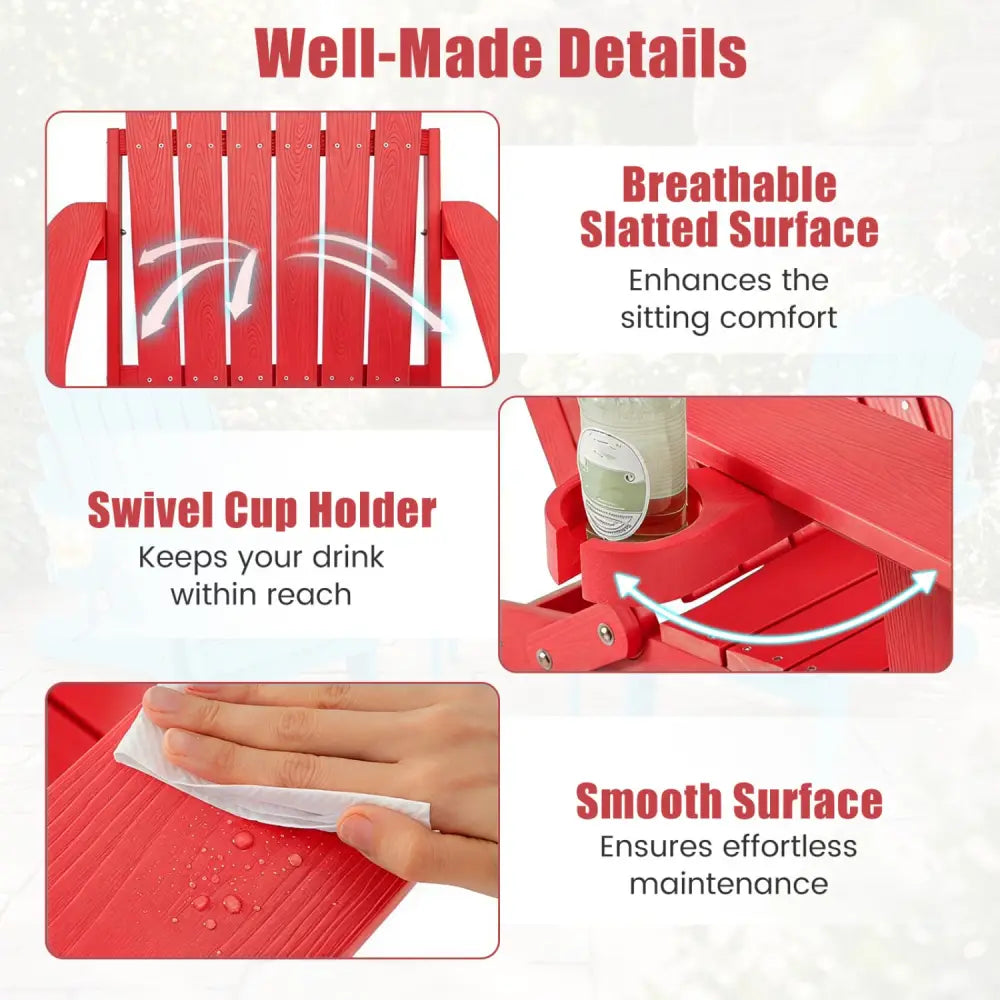 Set of 2 Outdoor Folding Adirondack Chair with Cup Holder and 5-Level Backrest-Red - Red - Adirondack Chairs