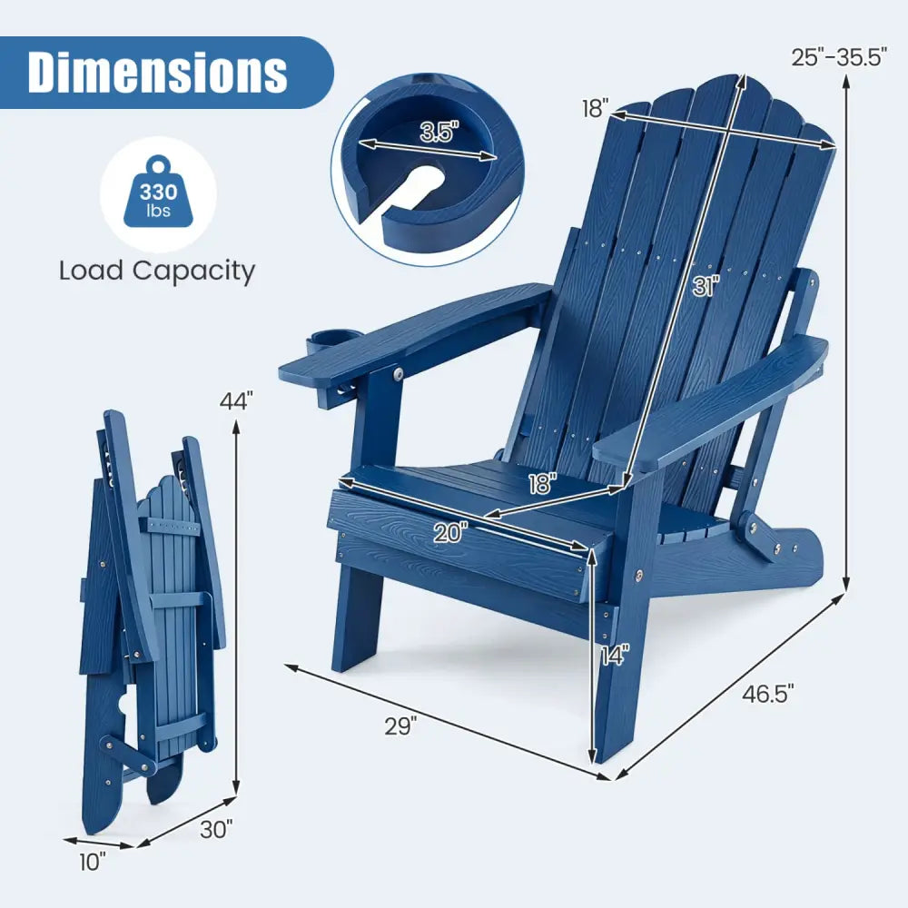 Set of 2 Outdoor Folding Adirondack Chair with Cup Holder and 5-Level Backrest-Navy - Navy - Adirondack Chairs