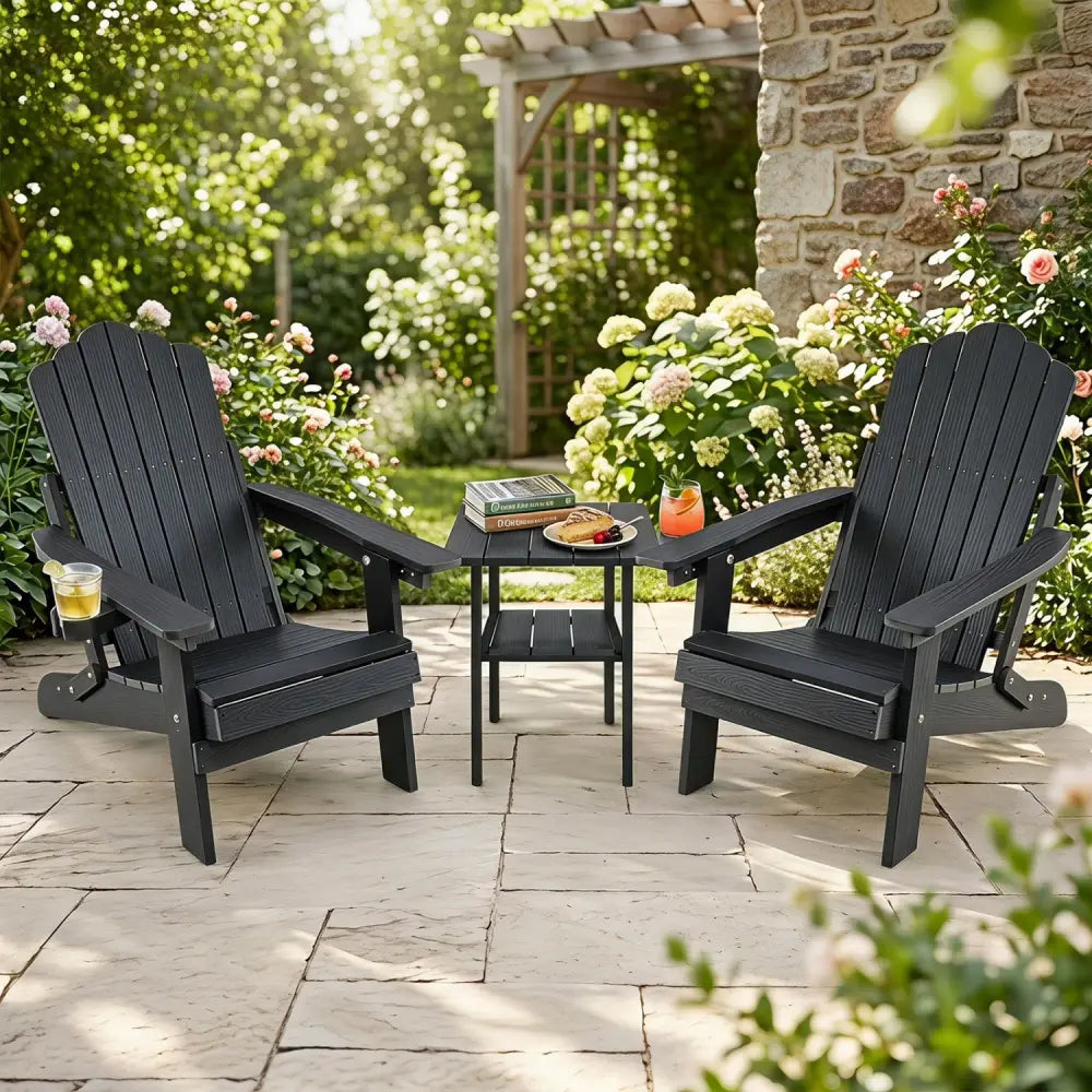 Set of 2 Outdoor Folding Adirondack Chair with Cup Holder and 5-Level Backrest-Black - Black - Adirondack Chairs