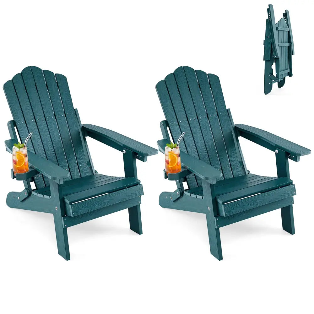Set of 2 Outdoor Folding Adirondack Chair with Cup Holder and 5-Level Backrest-Green - Green - Adirondack Chairs