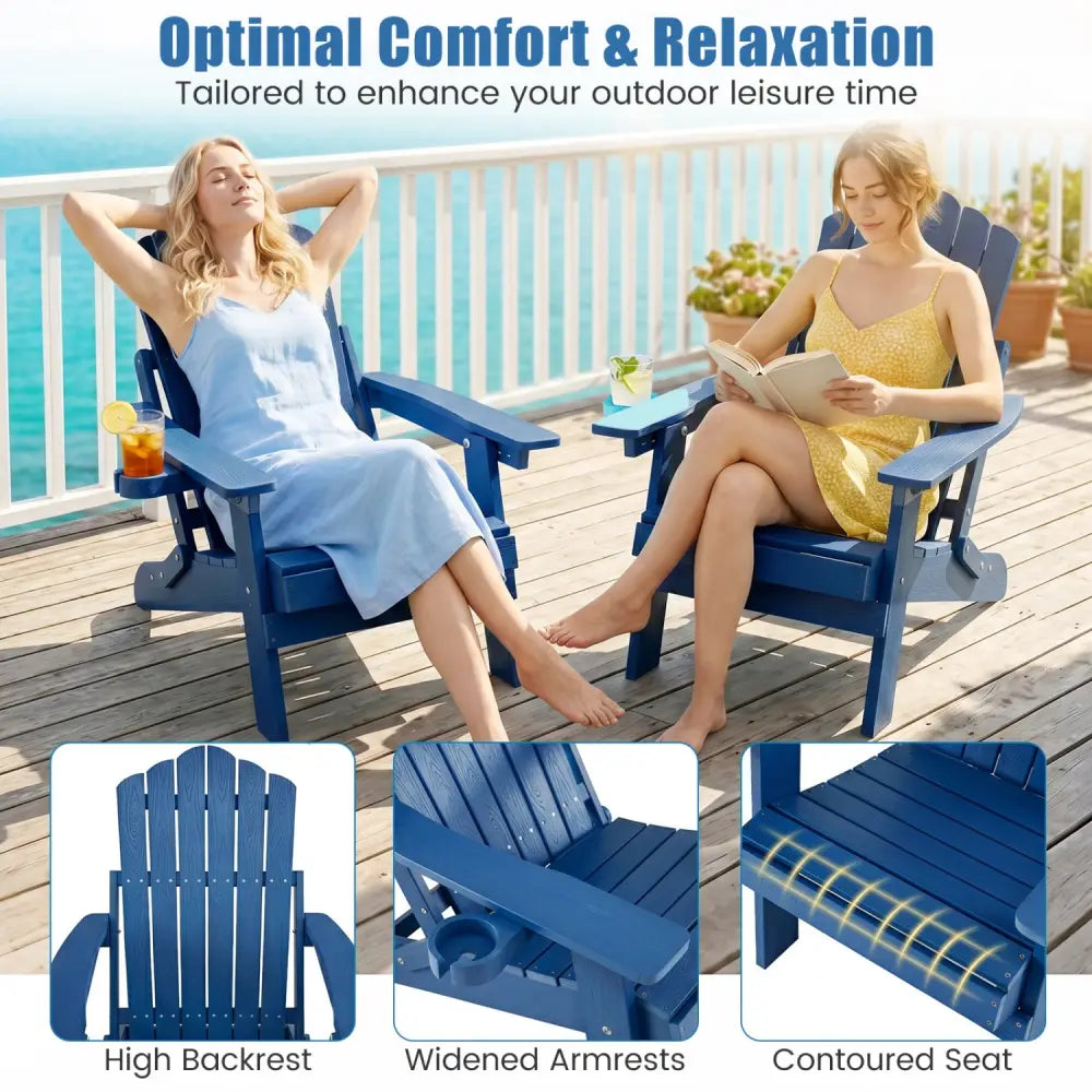 Set of 2 Outdoor Folding Adirondack Chair with Cup Holder and 5-Level Backrest-Navy - Navy - Adirondack Chairs