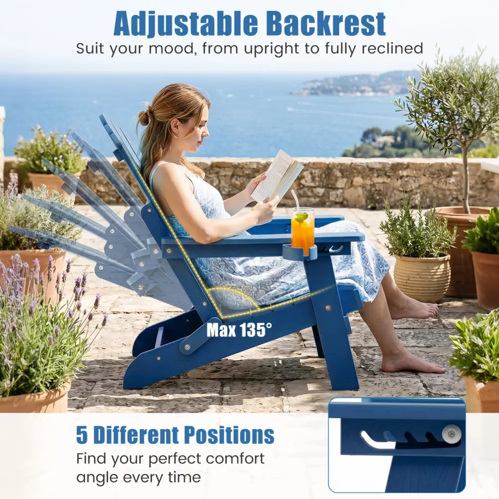 Set of 2 Outdoor Folding Adirondack Chair with Cup Holder and 5-Level Backrest-Navy - Navy - Adirondack Chairs