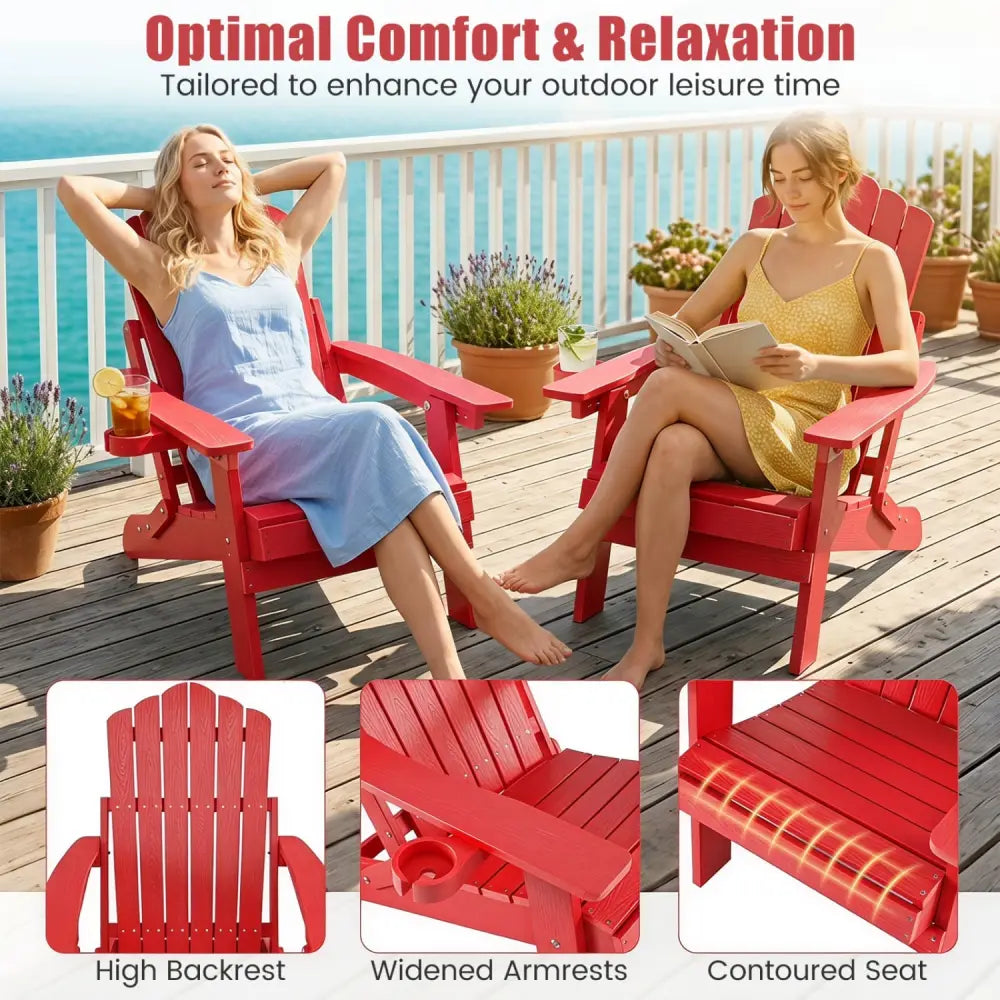 Set of 2 Outdoor Folding Adirondack Chair with Cup Holder and 5-Level Backrest-Red - Red - Adirondack Chairs