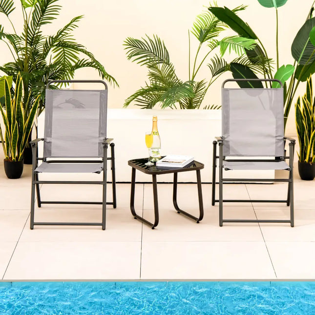 Set of 2 Outdoor Folding Sling Chairs with Armrest and Backrest-Gray - Gray - Patio Dining Chairs
