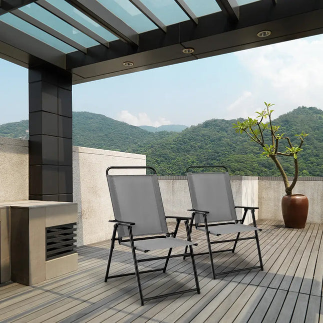 Set of 2 Outdoor Folding Sling Chairs with Armrest and Backrest-Gray - Gray - Patio Dining Chairs