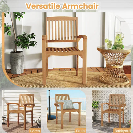 Set of 2 Outdoor Patio Chair with Slatted Seat and Curved Seat - Natural - Patio Dining Chairs