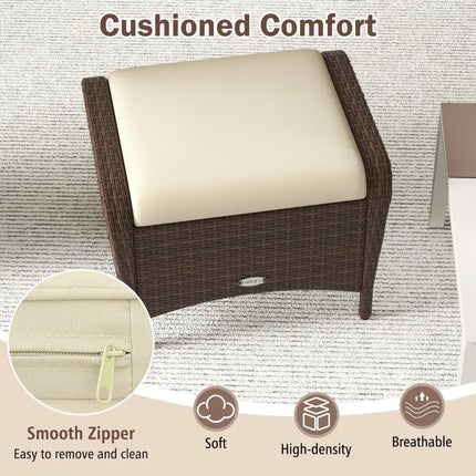 Set of 2 Outdoor Patio PE Wicker Ottomans with Removable Cushions-Beige - Beige - Outdoor Seating & Patio Chairs