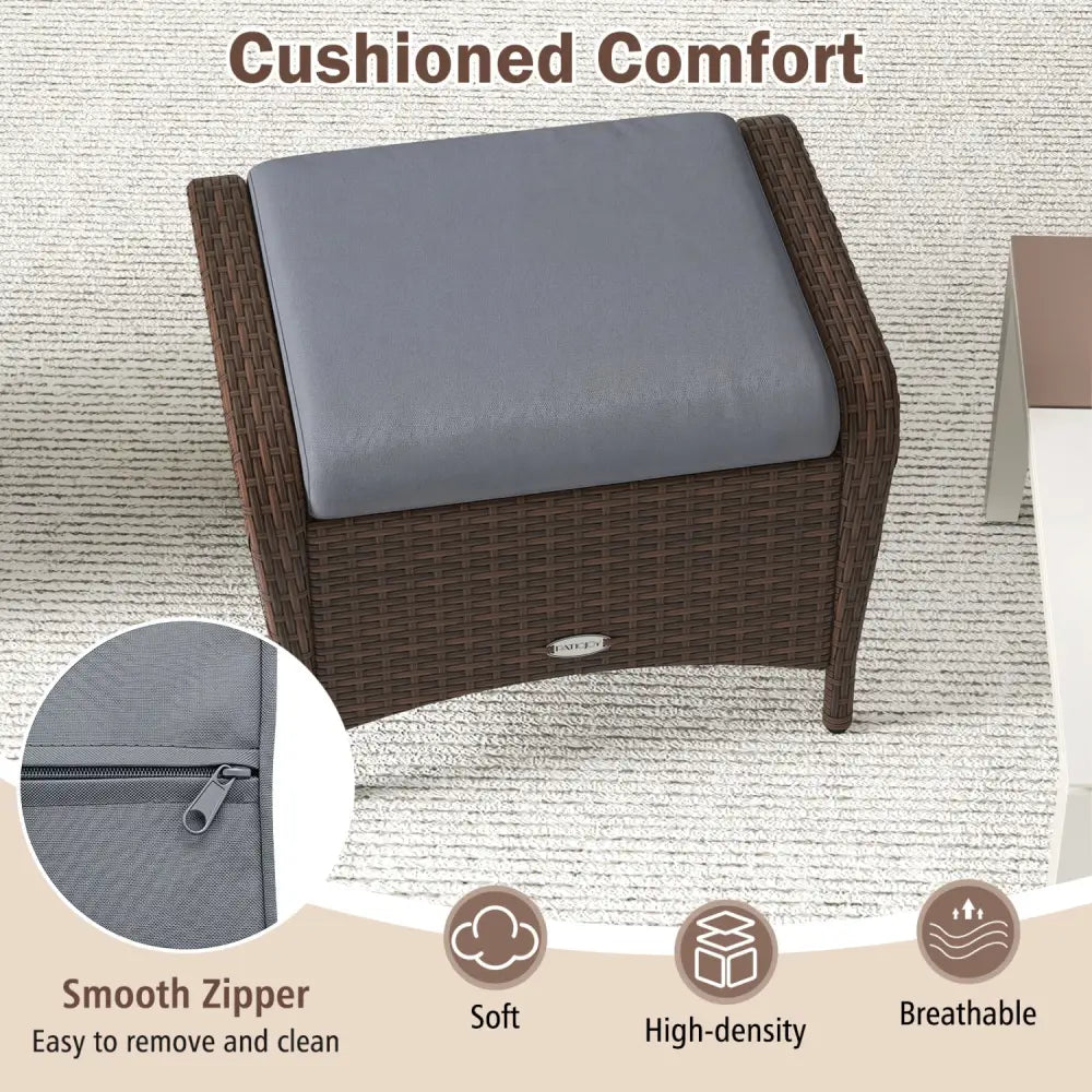 Set of 2 Outdoor Patio PE Wicker Ottomans with Removable Cushions-Grey - Gray - Outdoor Seating & Patio Chairs