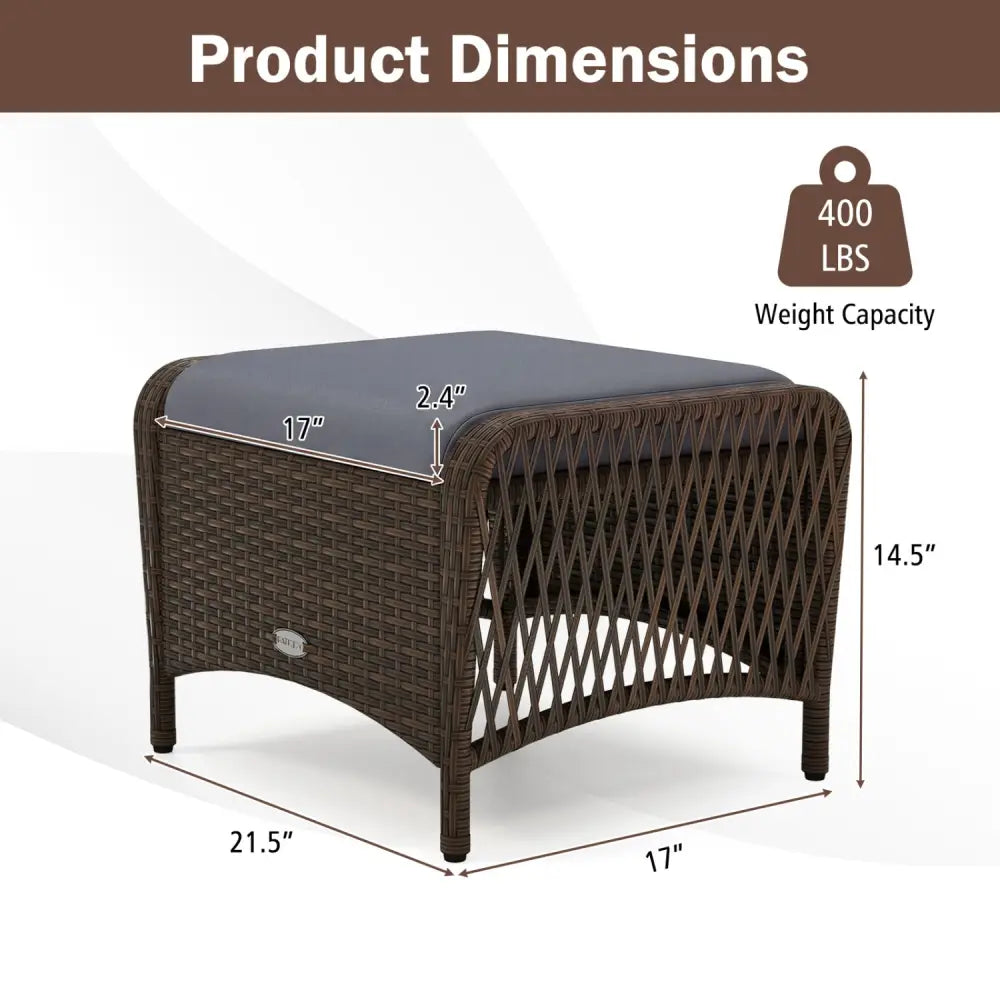 Set of 2 Outdoor Patio PE Wicker Ottomans with Removable Cushions-Grey - Gray - Outdoor Seating & Patio Chairs