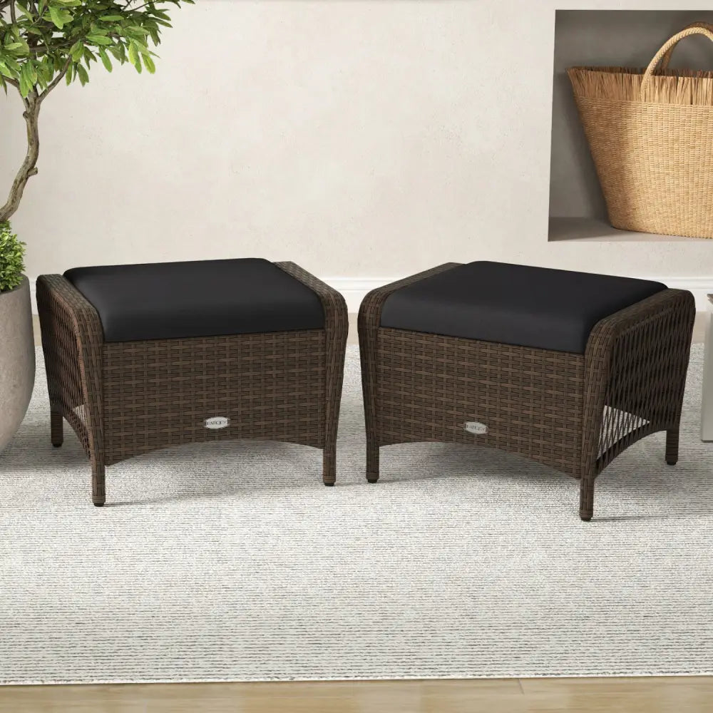 Set of 2 Outdoor Patio PE Wicker Ottomans with Removable Cushions-Black - Black - Outdoor Seating & Patio Chairs