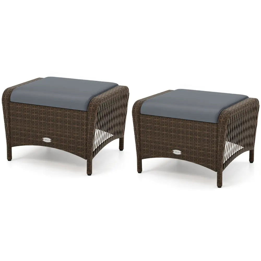Set of 2 Outdoor Patio PE Wicker Ottomans with Removable Cushions-Grey - Gray - Outdoor Seating & Patio Chairs