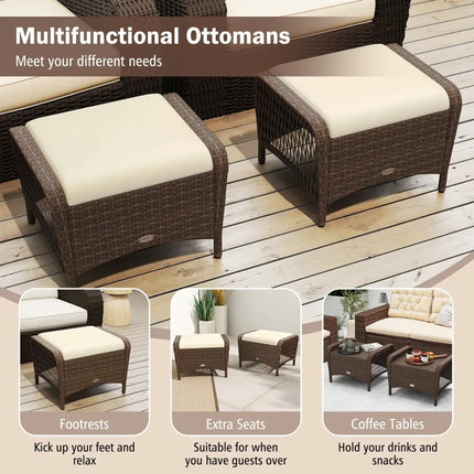 Set of 2 Outdoor Patio PE Wicker Ottomans with Removable Cushions-Beige - Beige - Outdoor Seating & Patio Chairs