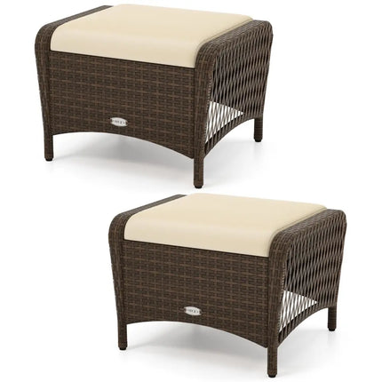 Set of 2 Outdoor Patio PE Wicker Ottomans with Removable Cushions-Beige - Beige - Outdoor Seating & Patio Chairs