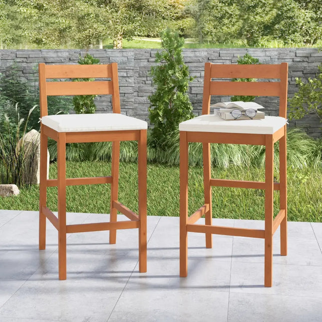 Set of 2 Outdoor Wood Barstools with Soft Seat Cushion-Off White - Off White - Patio Bar Furniture