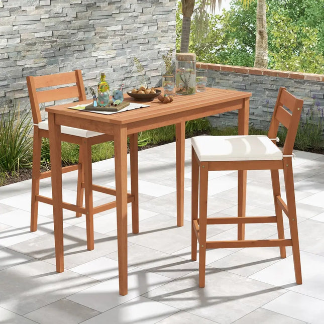 Set of 2 Outdoor Wood Barstools with Soft Seat Cushion-Off White - Off White - Patio Bar Furniture