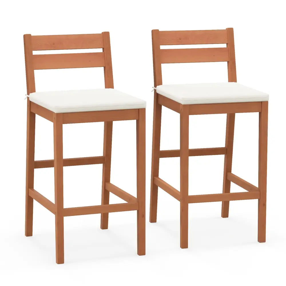 Set of 2 Outdoor Wood Barstools with Soft Seat Cushion-Off White - Off White - Patio Bar Furniture