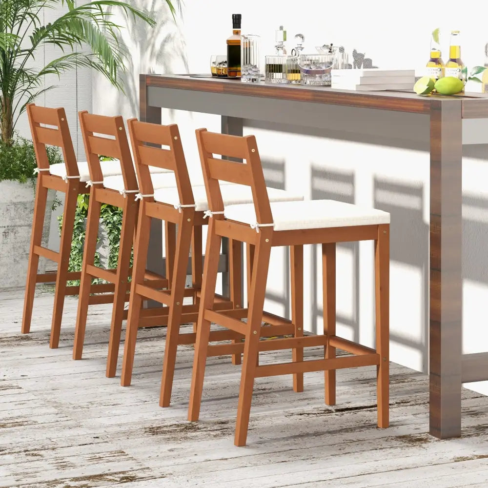 Set of 2 Outdoor Wood Barstools with Soft Seat Cushion-Off White - Off White - Patio Bar Furniture