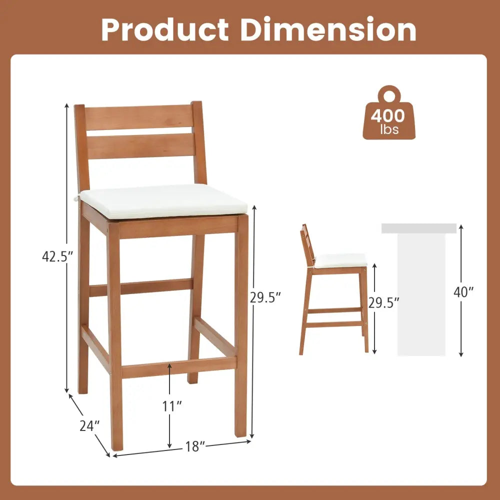 Set of 2 Outdoor Wood Barstools with Soft Seat Cushion-Off White - Off White - Patio Bar Furniture