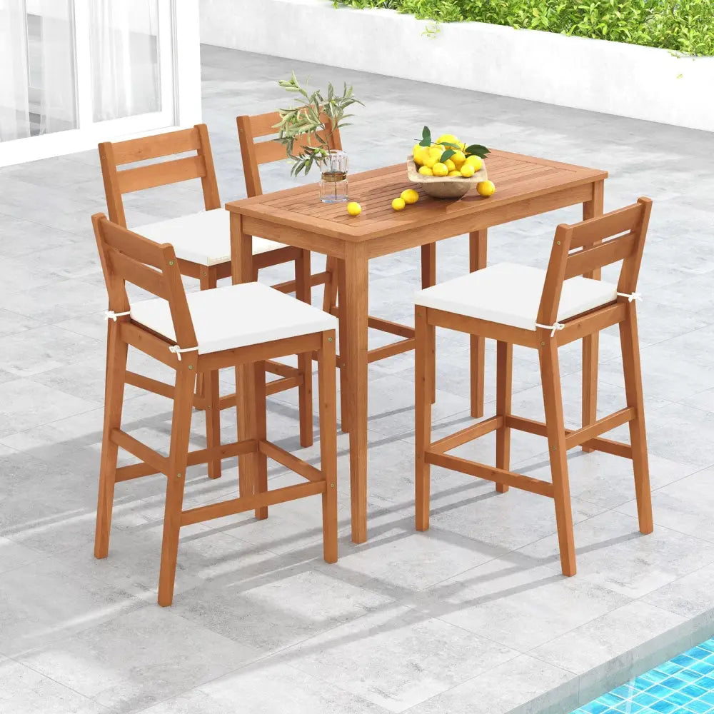 Set of 2 Outdoor Wood Barstools with Soft Seat Cushion-Off White - Off White - Patio Bar Furniture