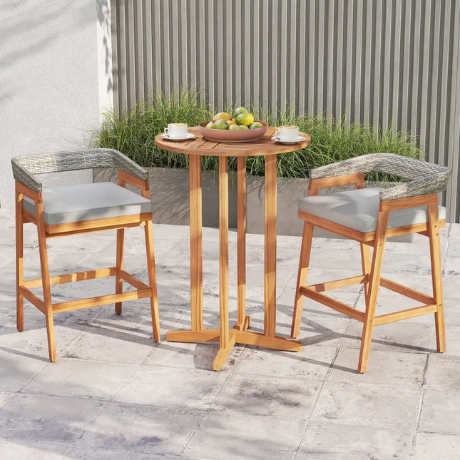 Set of 2 Patio Acacia Wood Counter Height Bar Stools with Cushions and PE Wicker Backrests Footrests-Gray - Gray