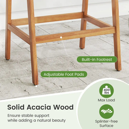 Set of 2 Patio Acacia Wood Counter Height Bar Stools with Cushions and PE Wicker Backrests Footrests-Gray - Gray