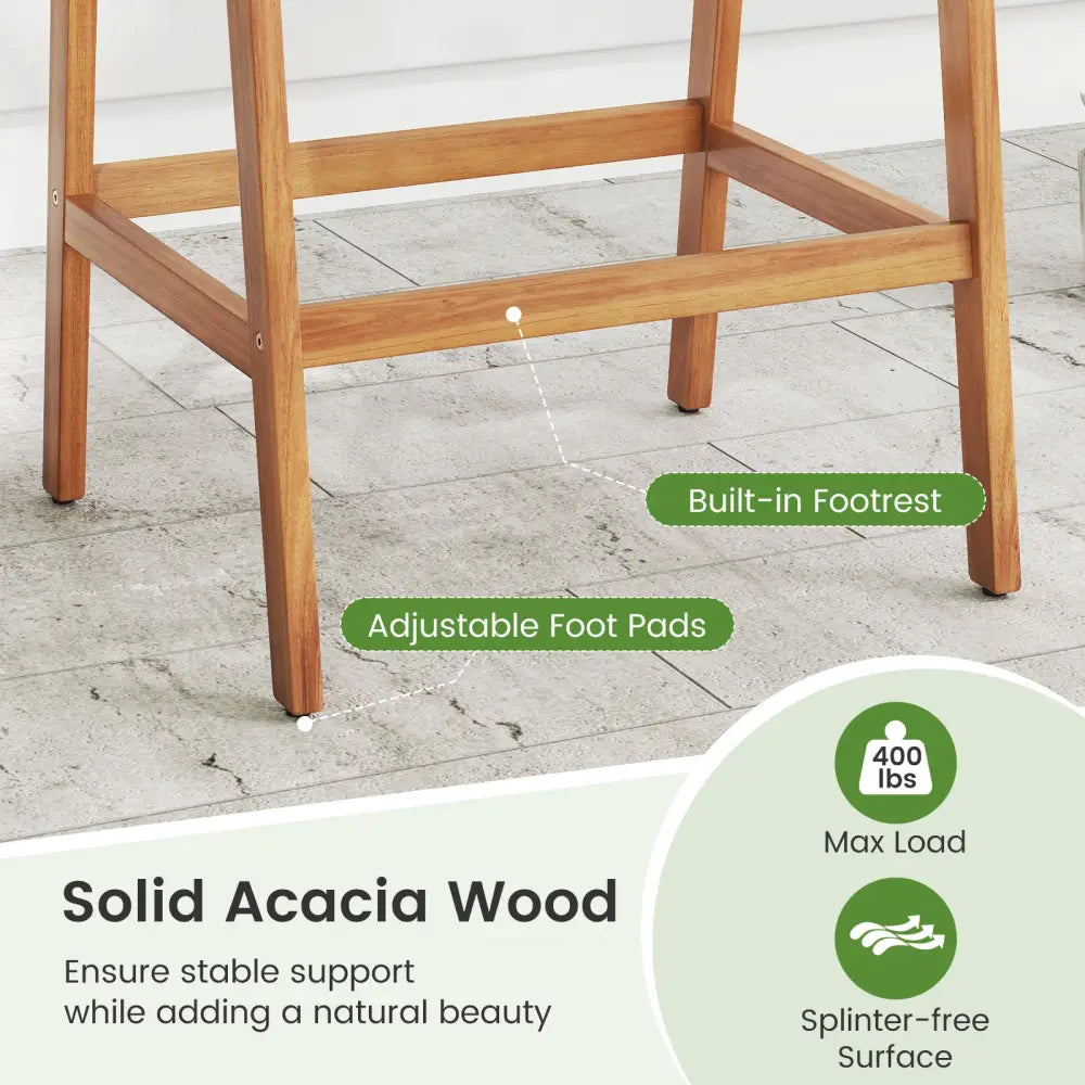 Set of 2 Patio Acacia Wood Counter Height Bar Stools with Cushions and PE Wicker Backrests Footrests-Gray - Gray