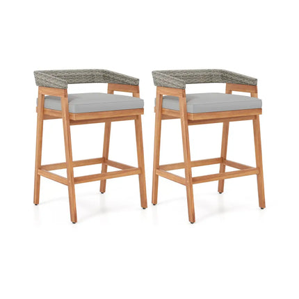 Set of 2 Patio Acacia Wood Counter Height Bar Stools with Cushions and PE Wicker Backrests Footrests-Gray - Gray