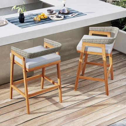 Set of 2 Patio Acacia Wood Counter Height Bar Stools with Cushions and PE Wicker Backrests Footrests-Gray - Gray