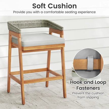Set of 2 Patio Acacia Wood Counter Height Bar Stools with Cushions and PE Wicker Backrests Footrests-Gray - Gray