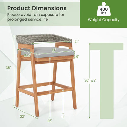 Set of 2 Patio Acacia Wood Counter Height Bar Stools with Cushions and PE Wicker Backrests Footrests-Gray - Gray