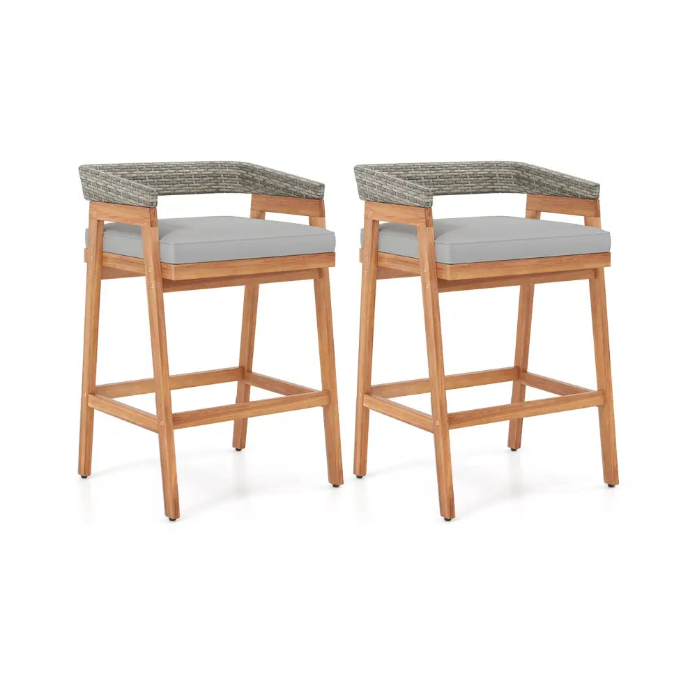 Set of 2 Patio Acacia Wood Counter Height Bar Stools with Cushions and PE Wicker Backrests Footrests-Gray - Gray