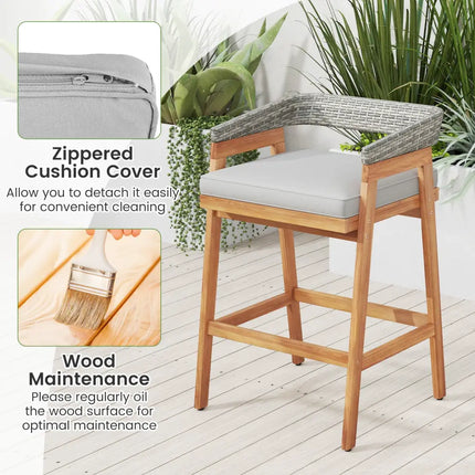 Set of 2 Patio Acacia Wood Counter Height Bar Stools with Cushions and PE Wicker Backrests Footrests-Gray - Gray