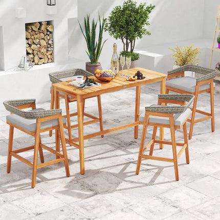 Set of 2 Patio Acacia Wood Counter Height Bar Stools with Cushions and PE Wicker Backrests Footrests-Gray - Gray