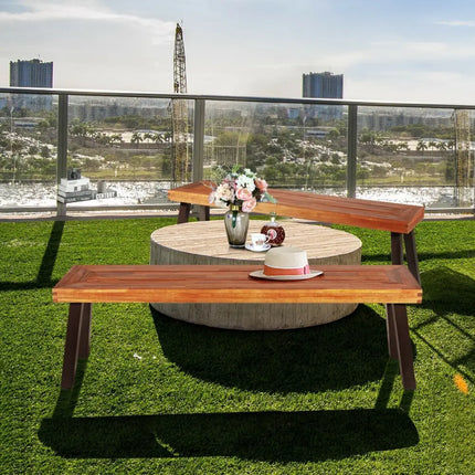 Set of 2 Patio Acacia Wood Dining Benches - Brown - Outdoor Benches