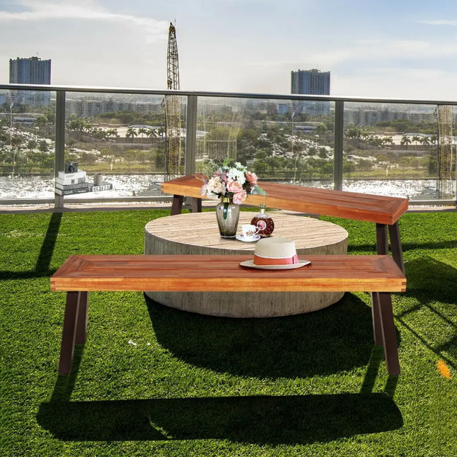 Set of 2 Patio Acacia Wood Dining Benches - Brown - Outdoor Benches