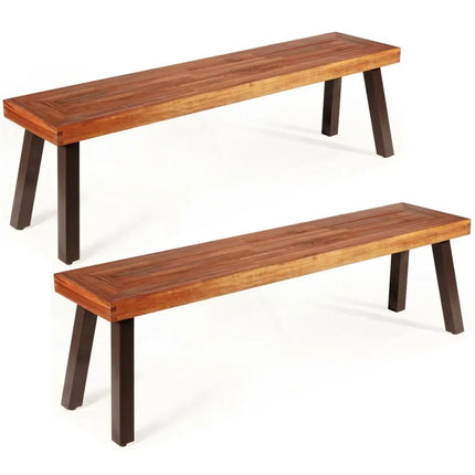 Set of 2 Patio Acacia Wood Dining Benches - Brown - Outdoor Benches