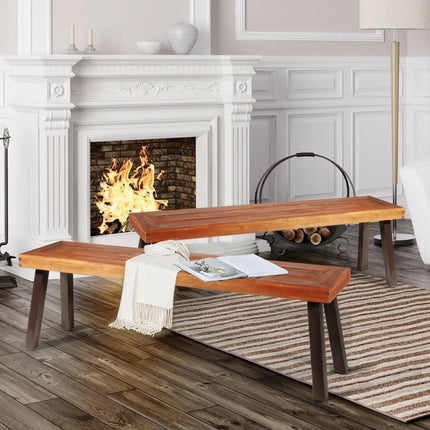 Set of 2 Patio Acacia Wood Dining Benches - Brown - Outdoor Benches