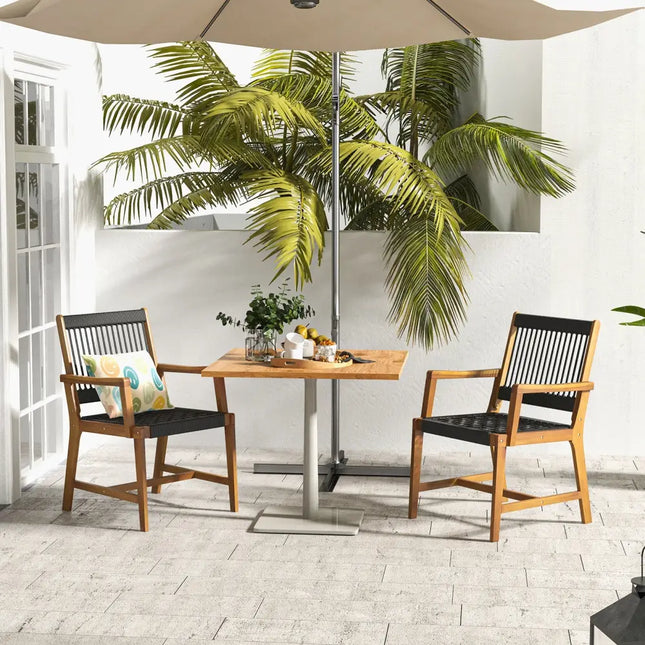 Set of 2 Patio Acacia Wood Dining Chairs with Armrests for Lawn Yard - Black - Patio Dining Chairs