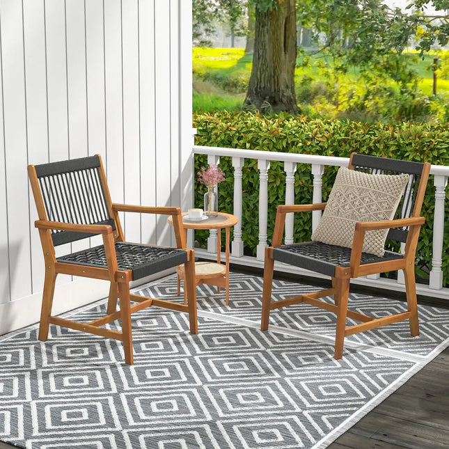 Set of 2 Patio Acacia Wood Dining Chairs with Armrests for Lawn Yard - Black - Patio Dining Chairs