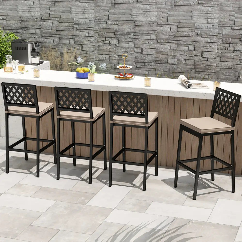 Set of 2 Patio Bar Chairs Counter Height with Detachable Cushion and Footrest-Argyle Pattern - Black - Patio Bar