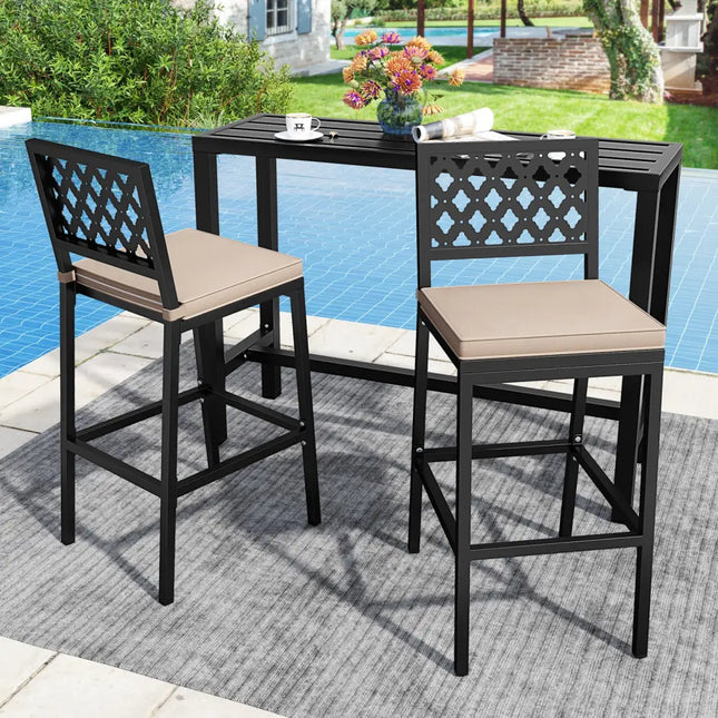 Set of 2 Patio Bar Chairs Counter Height with Detachable Cushion and Footrest-ArgyleÂ Pattern - Black - Patio Bar