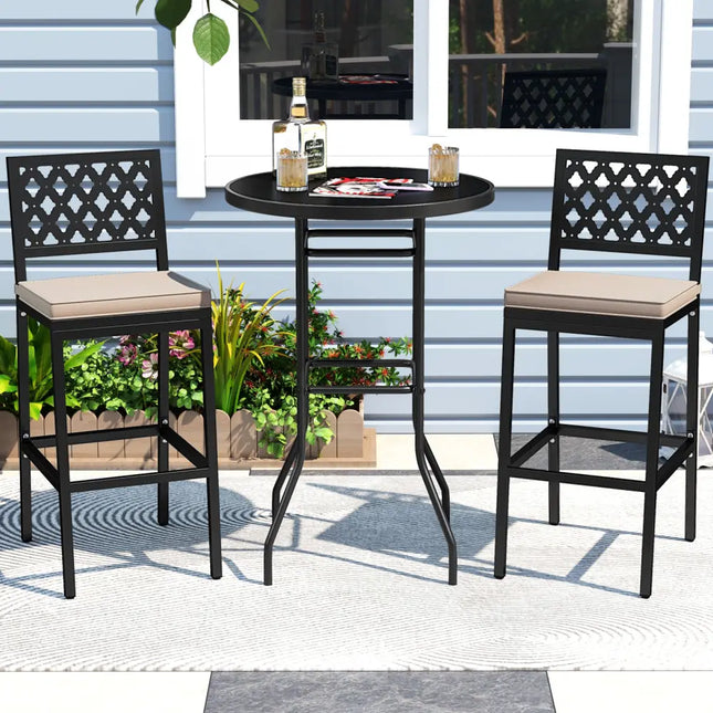 Set of 2 Patio Bar Chairs Counter Height with Detachable Cushion and Footrest-ArgyleÂ Pattern - Black - Patio Bar