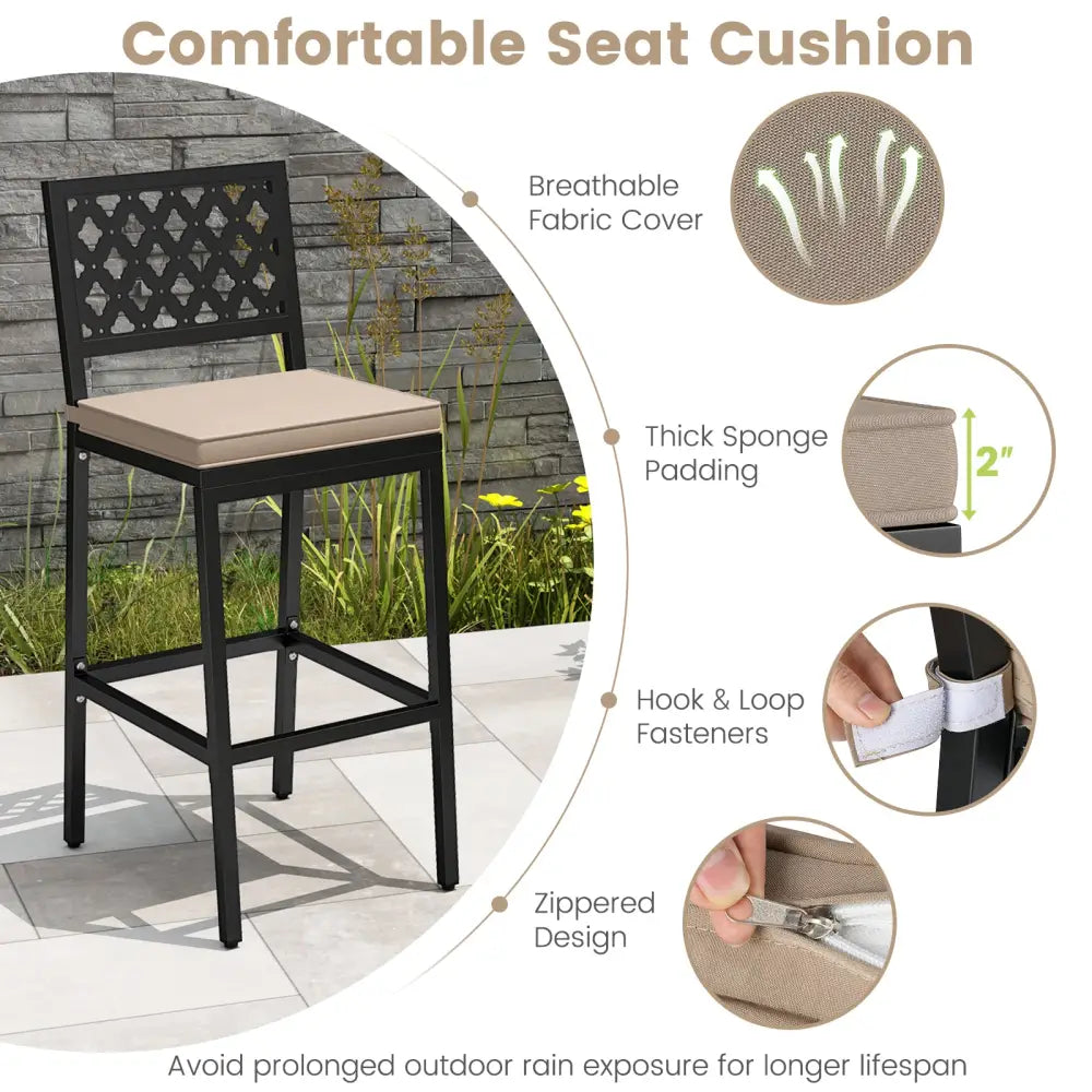 Set of 2 Patio Bar Chairs Counter Height with Detachable Cushion and Footrest-Argyle Pattern - Black - Patio Bar