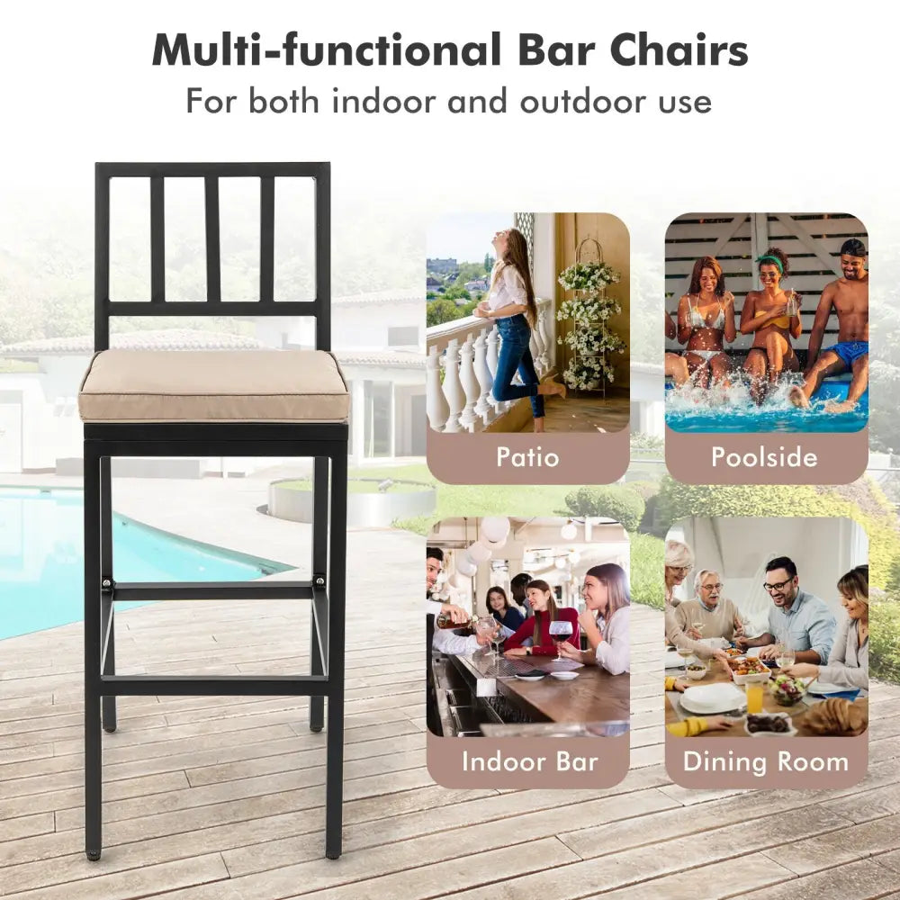 Set of 2 Patio Bar Chairs with Detachable Cushion and Footrest-Vertical Stripes - Black - Patio Bar Furniture
