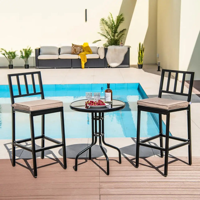 Set of 2 Patio Bar Chairs with Detachable Cushion and Footrest-Vertical Stripes - Black - Patio Bar Furniture